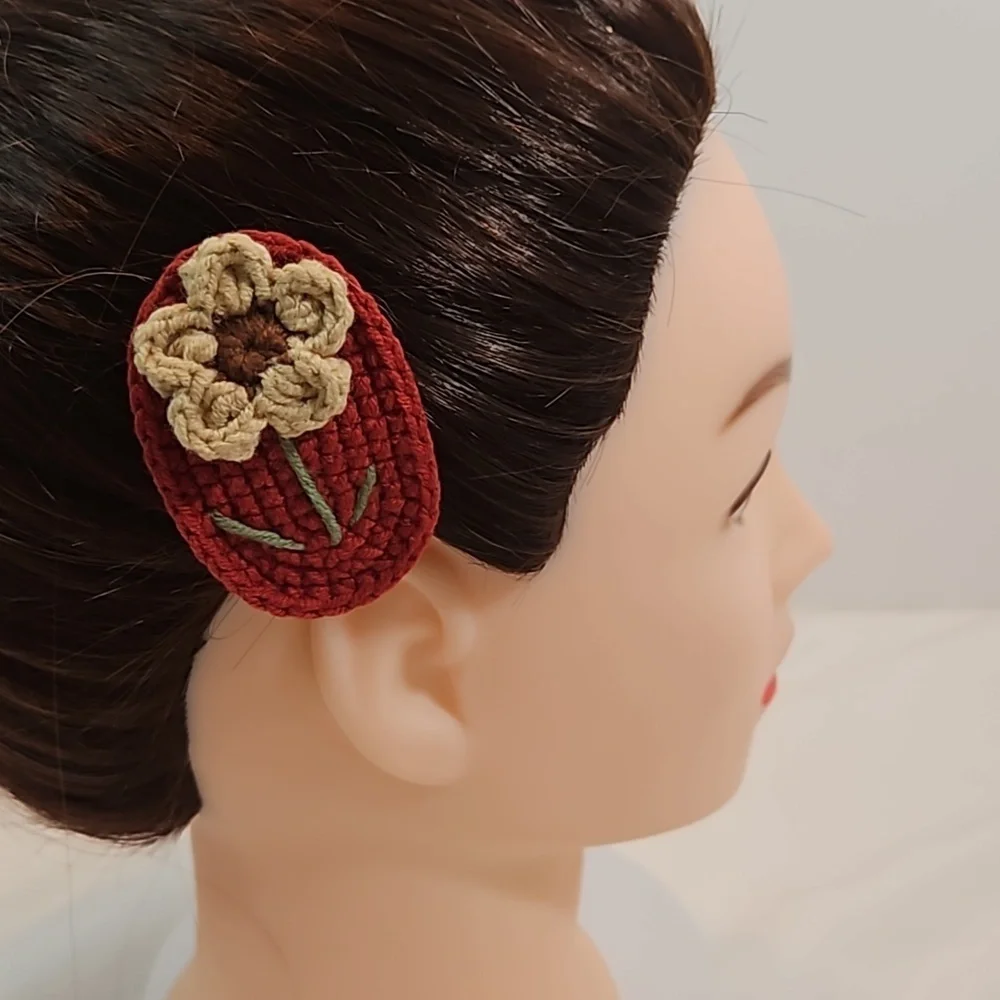 Hand Crafted Crochet Floral Hair Clip Vintage Botanical Coquette Accessory Red